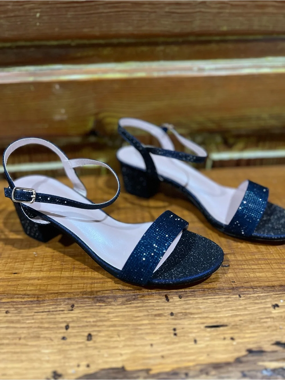 Sparkle Navy Ankle-Strap Block Heel Sandals